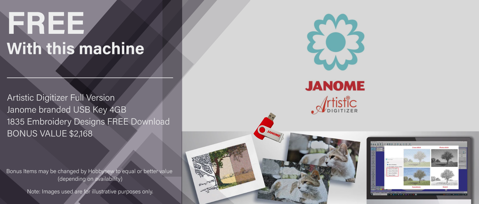 Artistic Digitizer Full Version, Janome branded USB Key 4GB, 1835 Embroidery Designs FREE Download BONUS VALUE $2,168