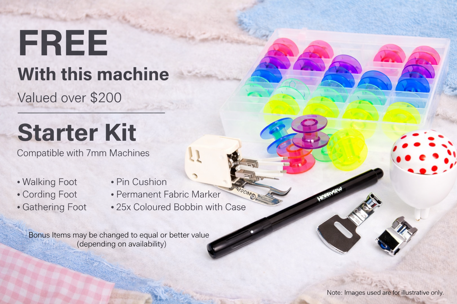 Bonus Items - Assorted feet, Bobbins, Pin Cushion, Fabric Pen and Walking Foot - 7mm (214875014)